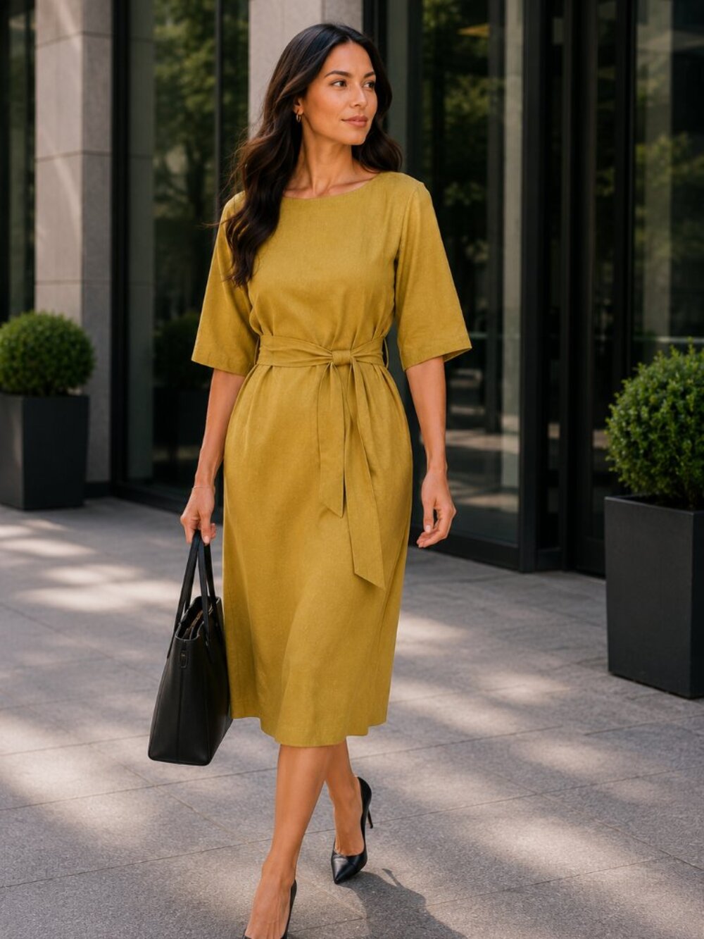 Hannah Canvas 100% Linen belted dress. New without tag. Tan golden brown. Size L